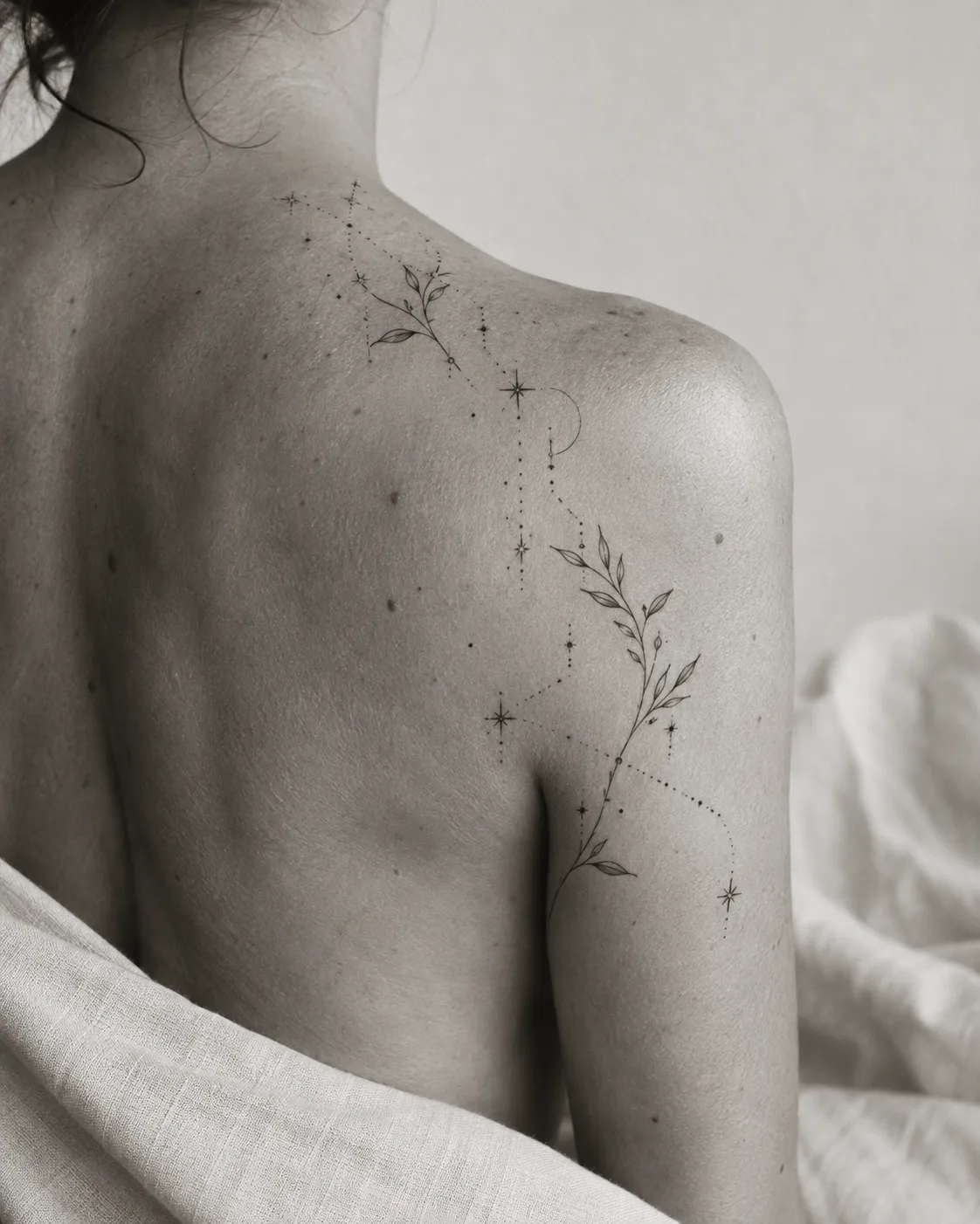 Tatuaje conceptual botánico y de constelaciones sobre el hombro