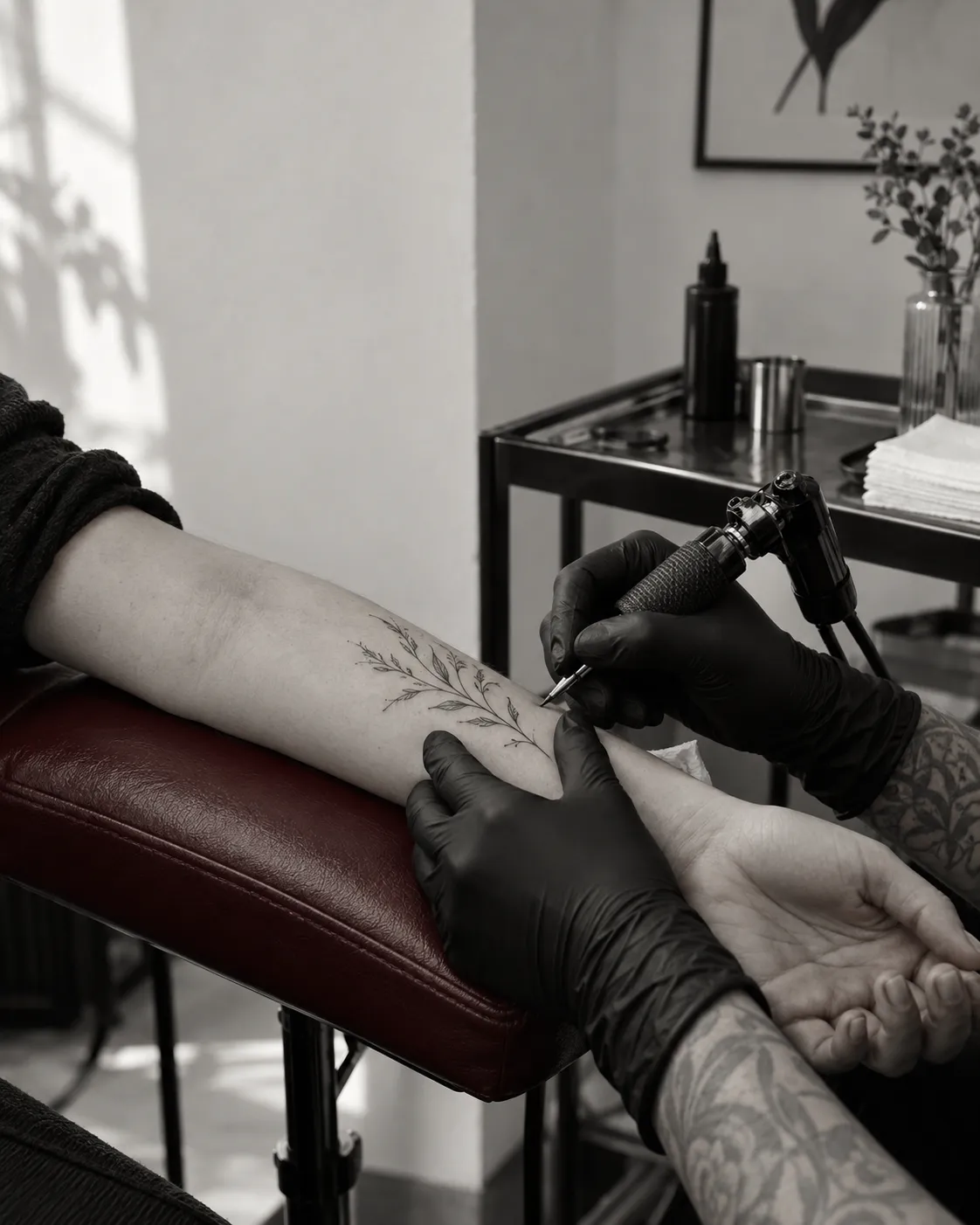 Sesión de tatuaje de línea fina en un estudio luminoso